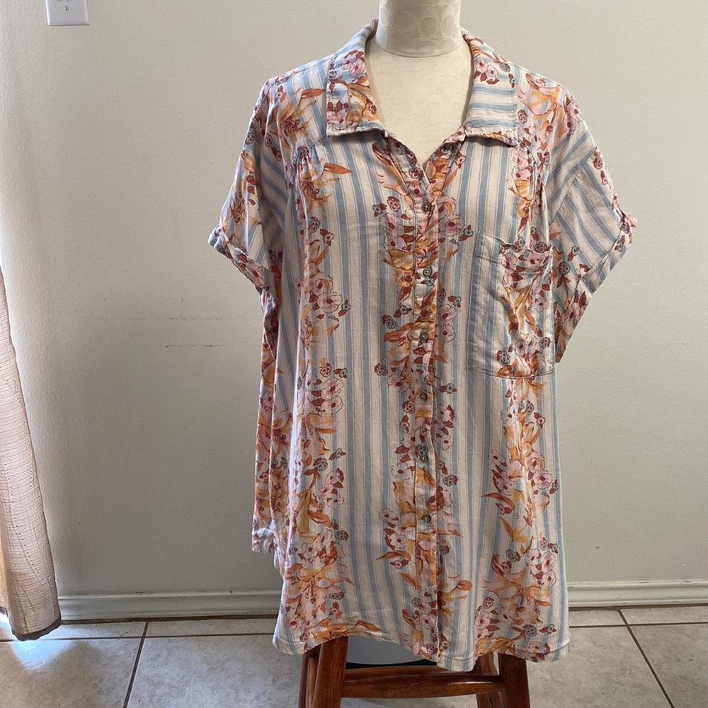 Free People Linen Blend Floral stripped Top Medium